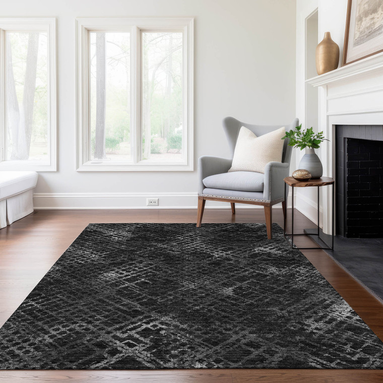 9' X 12' Charcoal Gray And Silver Geometric Washable Indoor Outdoor Area Rug - 608219086497
