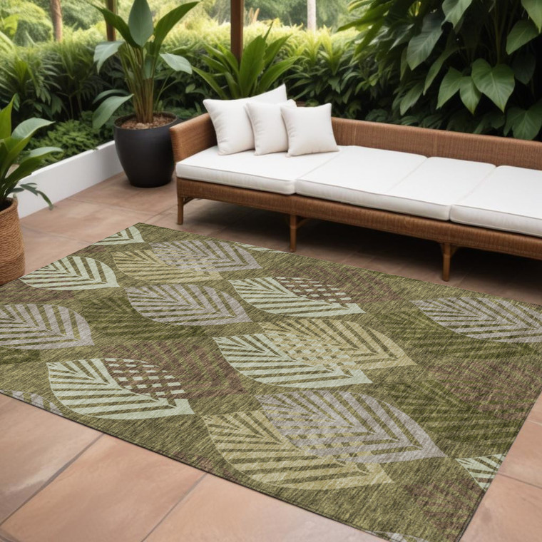 10' X 14' Olive Green Artichoke Green And Gray Floral Washable Indoor Outdoor Area Rug