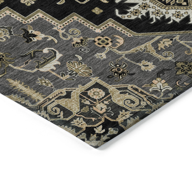 10' X 14' Black Gray And Ivory Oriental Washable Indoor Outdoor Area Rug