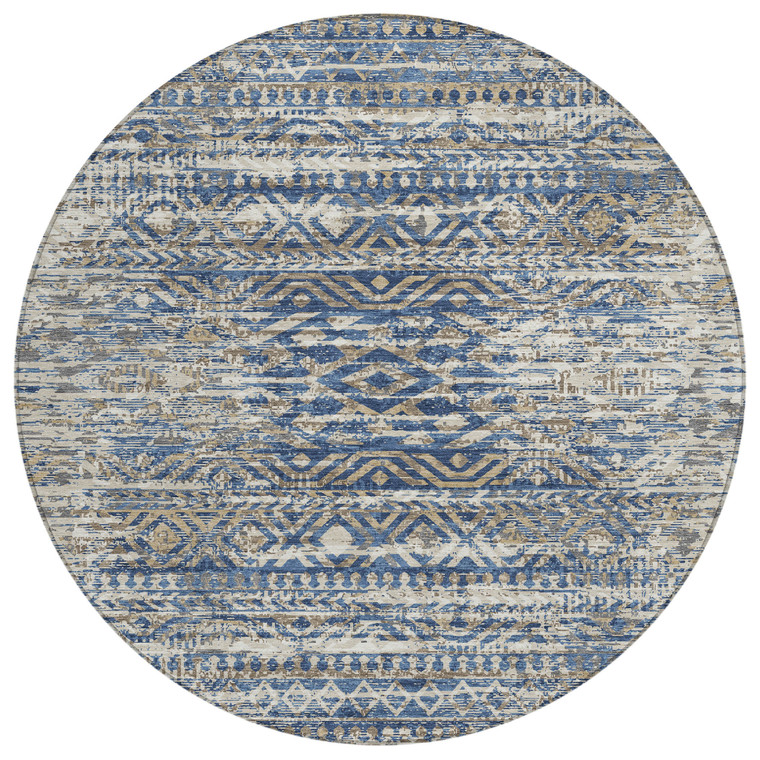 8' Blue And Beige Round Moroccan Washable Indoor Outdoor Area Rug