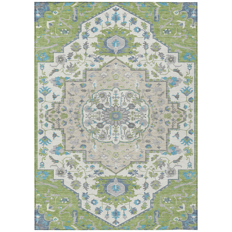 9' X 12' Artichoke Green Blue And Ivory Oriental Washable Indoor Outdoor Area Rug