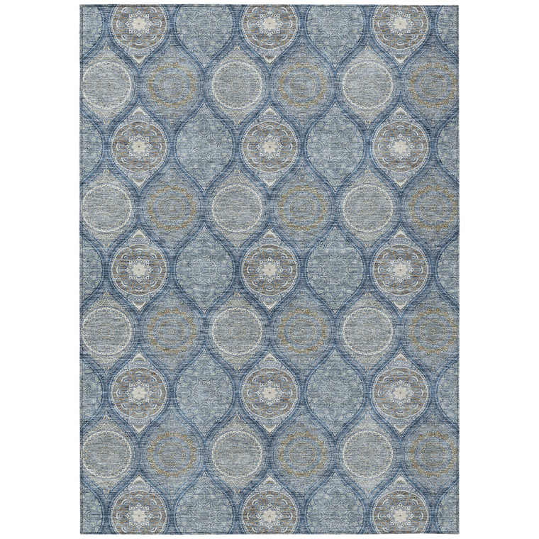 8' X 10' Navy Blue Ivory And Taupe Floral Medallion Washable Indoor Outdoor Area Rug