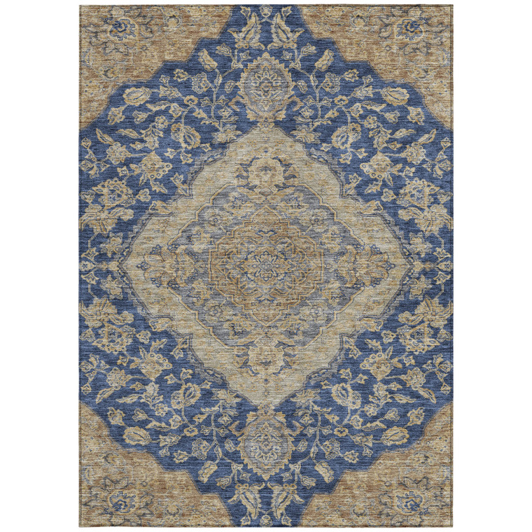 10' X 14' Navy Blue Beige And Brown Oriental Washable Indoor Outdoor Area Rug