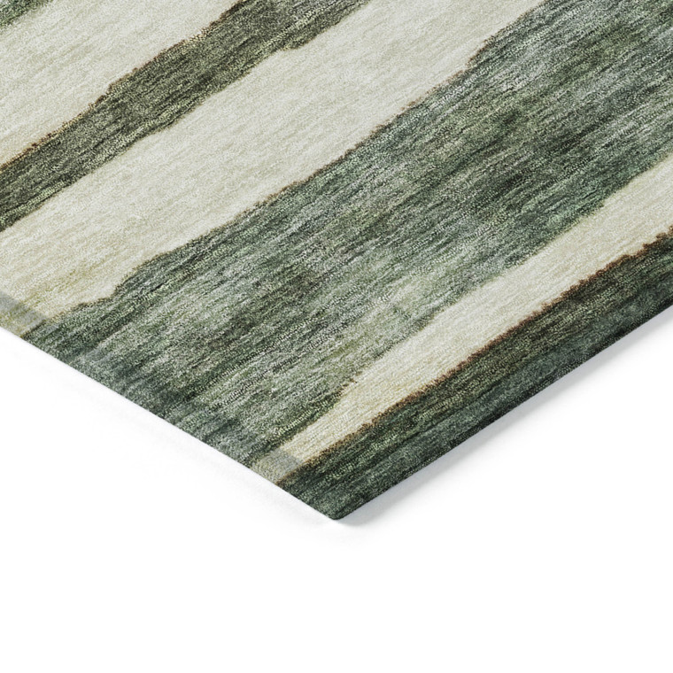 9' X 12' Sage And Beige Striped Washable Indoor Outdoor Area Rug