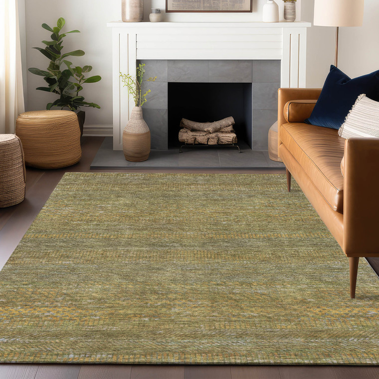 10' X 14' Sage And Gold Striped Washable Indoor Outdoor Area Rug