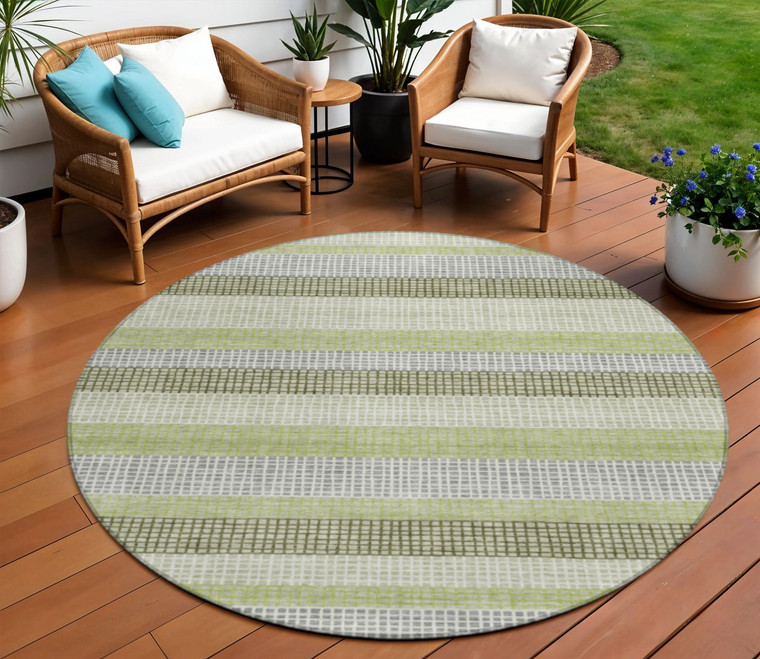 8' Artichoke Green And Ivory Round Striped Washable Indoor Outdoor Area Rug - Artichoke Green, Ivory