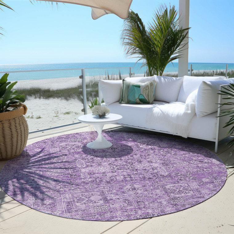 8' Lilac And Purple Round Floral Washable Indoor Outdoor Area Rug