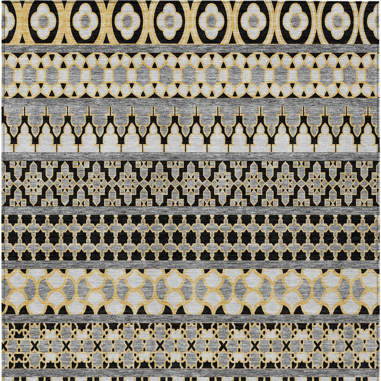 9' X 12' Charcoal Gray And Gold Quatrefoil Washable Indoor Outdoor Area Rug