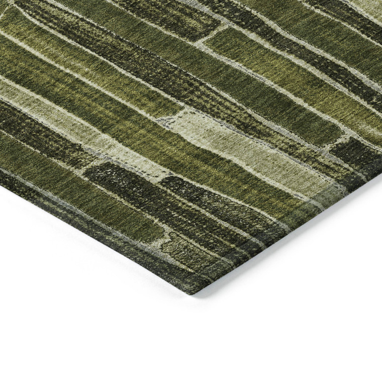 8' X 10' Olive Green And Dark Olive Green Striped Washable Indoor Outdoor Area Rug