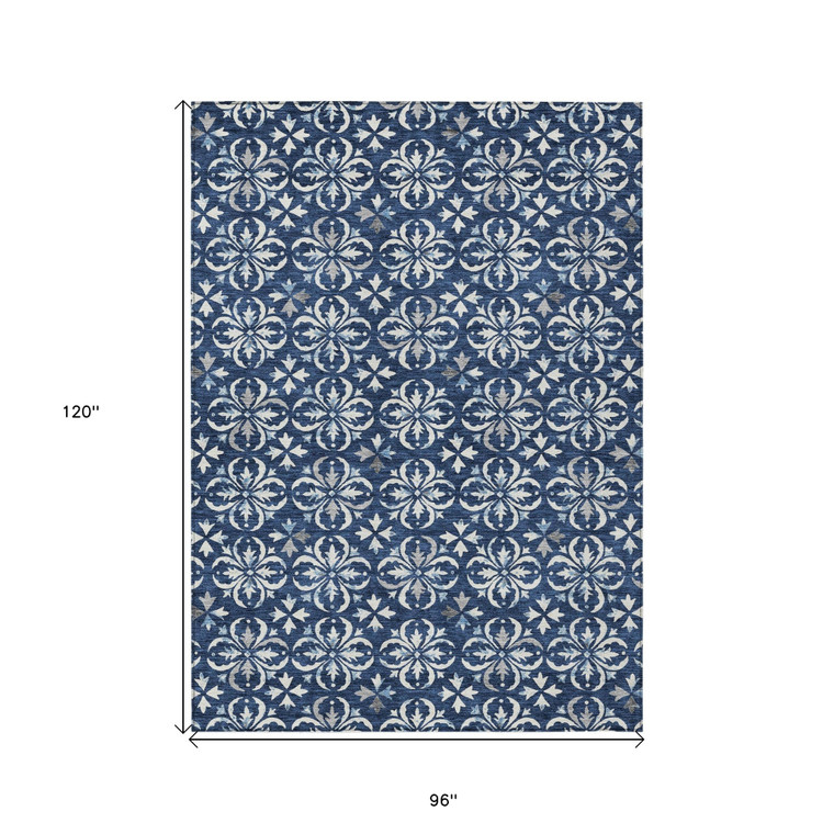 8' X 10' Navy Blue And Ivory Floral Washable Indoor Outdoor Area Rug Transitional Style - Navy Blue, Ivory Color