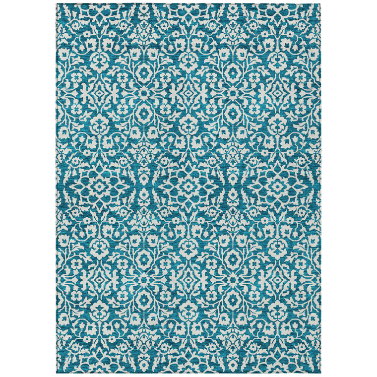 10' X 14' Teal Blue And Ivory Damask Washable Indoor Outdoor Area Rug
