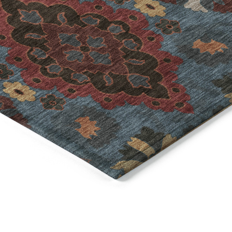 9' X 12' Denim Blue Brick Red And Brown Oriental Washable Indoor Outdoor Area Rug