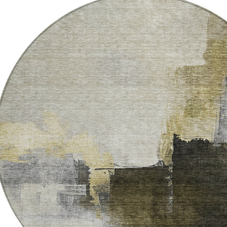 8' Khaki Light Green And Black Round Abstract Washable Indoor Outdoor Area Rug