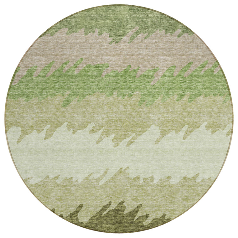 8' Beige And Olive Green Round Striped Washable Indoor Outdoor Area Rug