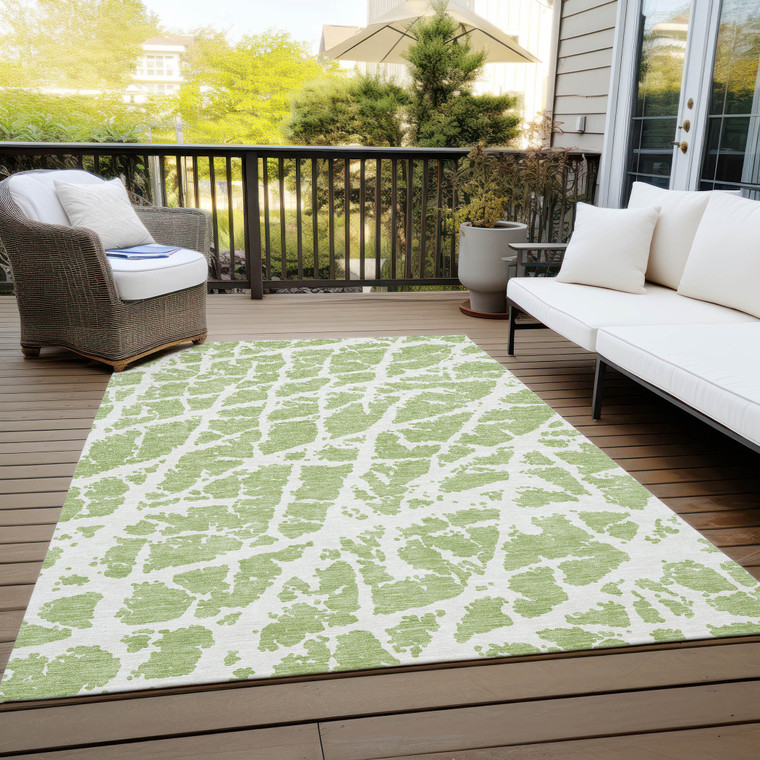 9' X 12' Green And White Abstract Washable Indoor Outdoor Area Rug