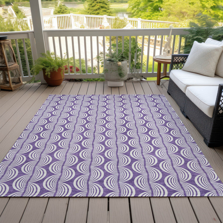 9' X 12' Purple And Ivory Ogee Washable Indoor Outdoor Area Rug