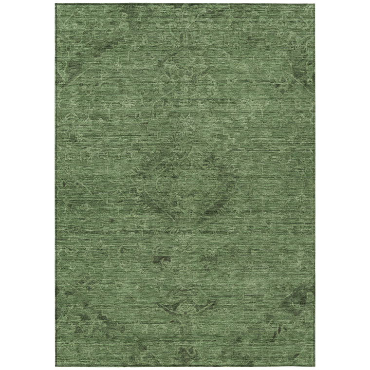 8' X 10' Fern Green And Dark Green Floral Washable Indoor Outdoor Area Rug
