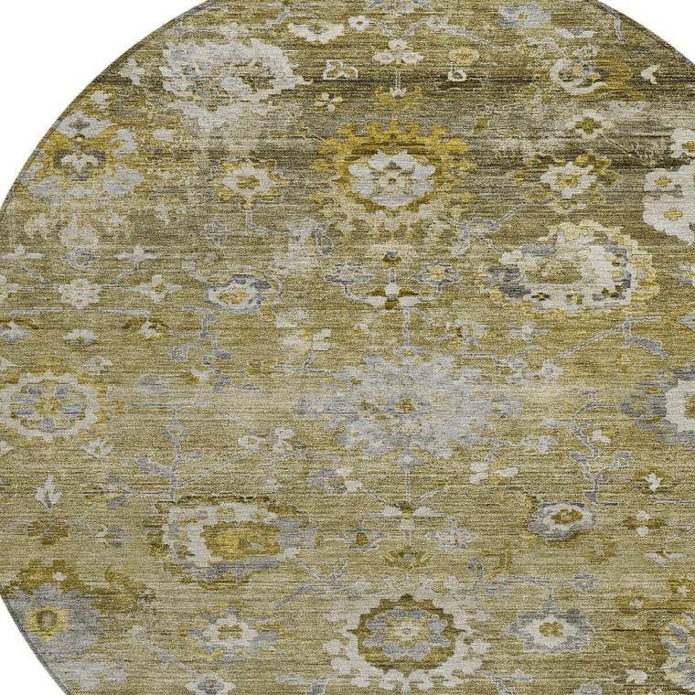 8' Brown Green And Gray Round Floral Washable Indoor Outdoor Area Rug