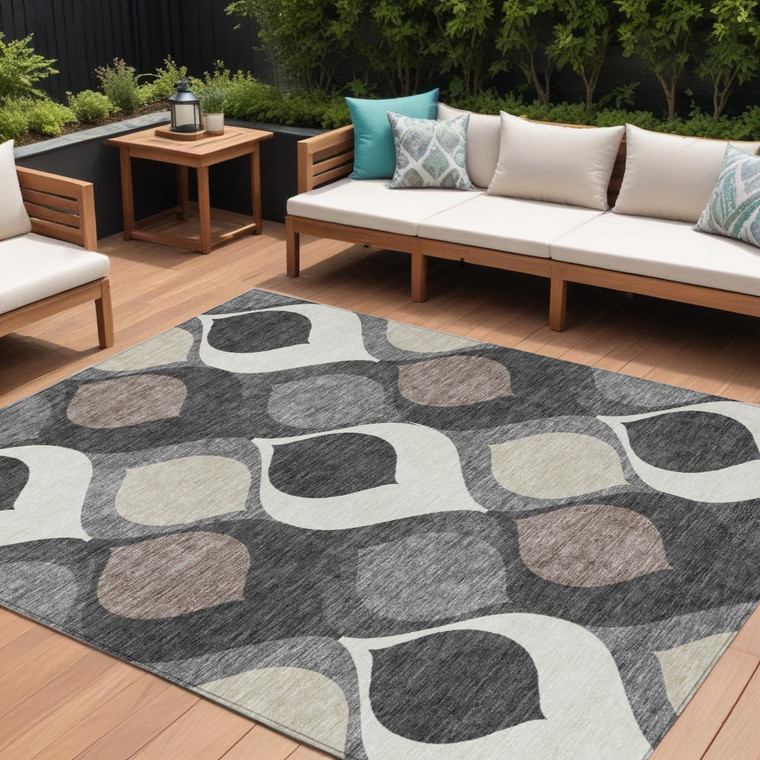 9' X 12' Gray Beige And Taupe Ogee Washable Indoor Outdoor Area Rug