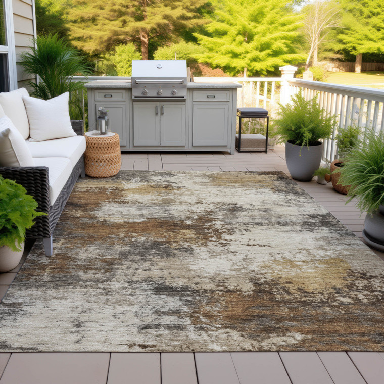 8' X 10' Brown And Beige Abstract Washable Indoor Outdoor Area Rug - Brown, Beige