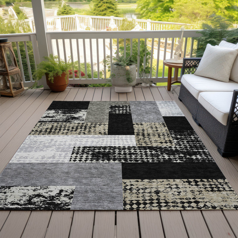 10' X 14' Black Taupe And Ivory Geometric Washable Indoor Outdoor Area Rug