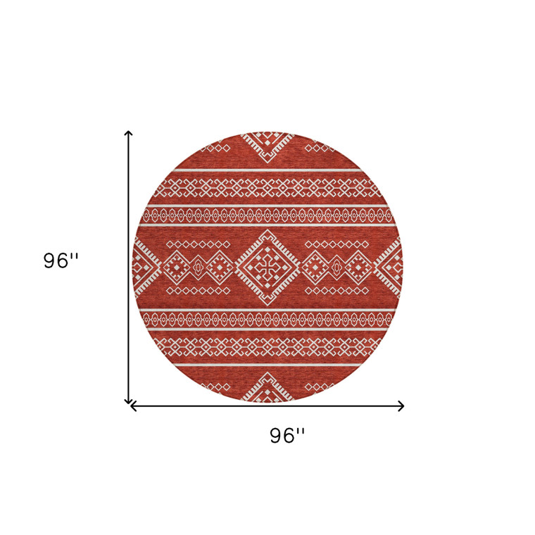 8' Red And Ivory Round Southwestern Washable Indoor Outdoor Area Rug