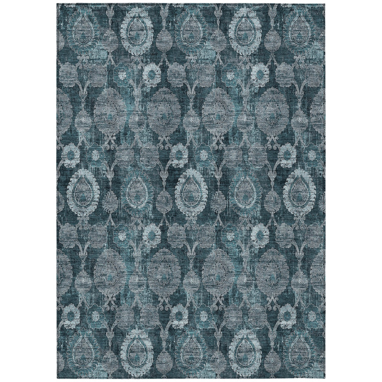 10' X 14' Teal Blue And Sky Blue Damask Washable Indoor Outdoor Area Rug