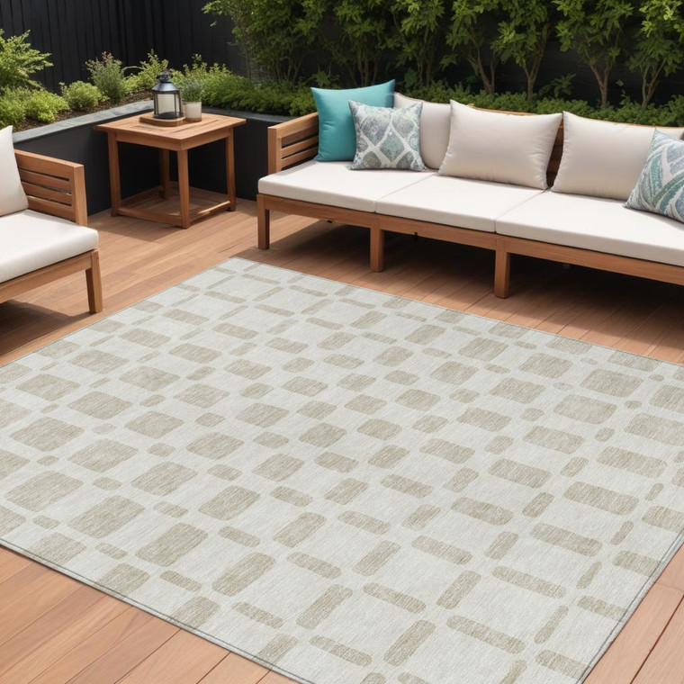 9' X 12' Ivory And Brown Geometric Washable Indoor Outdoor Area Rug