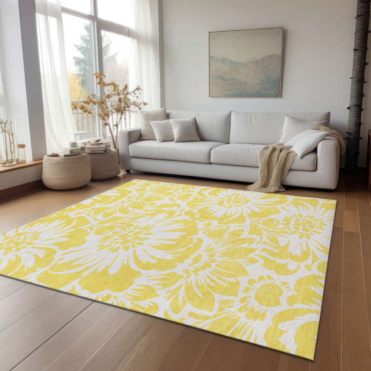 9' X 12' Yellow and Ivory Floral Washable Non Skid Indoor Outdoor Area Rug