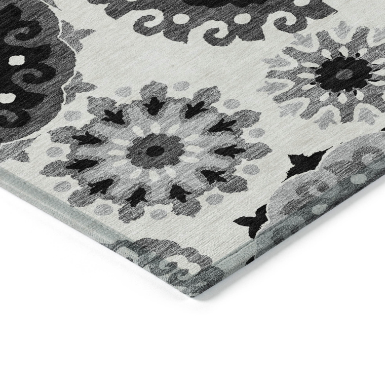 8' X 10' Black Gray And Silver Floral Medallion Washable Indoor Outdoor Area Rug