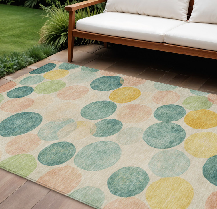 8' X 10' Teal Blue Yellow And Peach Geometric Washable Indoor Outdoor Area Rug