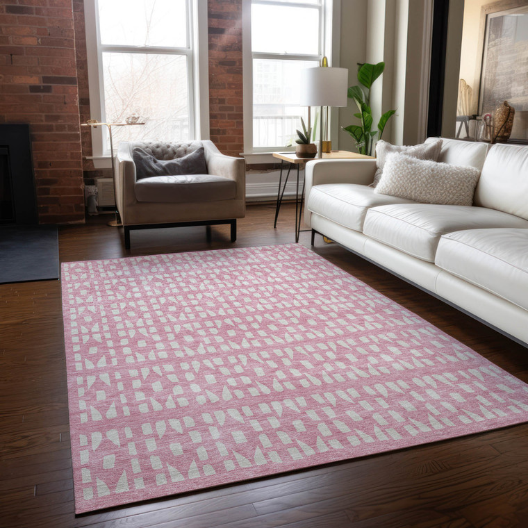 8' X 10' Pink And Ivory Geometric Washable Indoor Outdoor Area Rug - Pink, Ivory