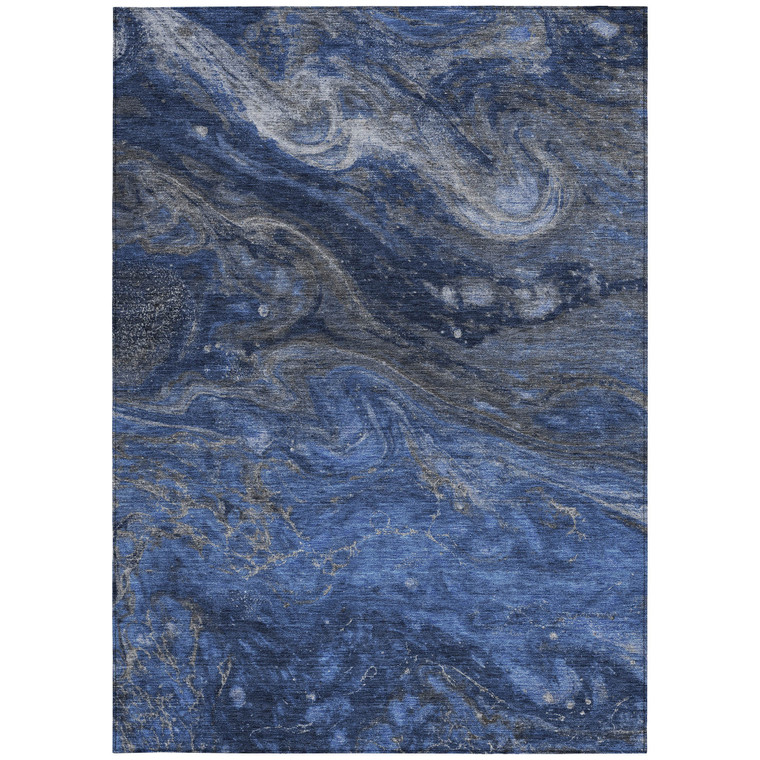 9' X 12' Denim Blue And Sky Blue Abstract Washable Indoor Outdoor Area Rug - Denim Blue, Sky Blue