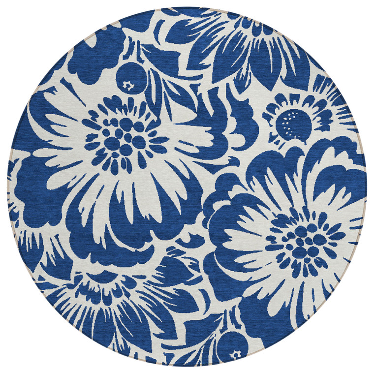 8' Round Navy and Ivory Round Floral Washable Non Skid Indoor Outdoor Area Rug
