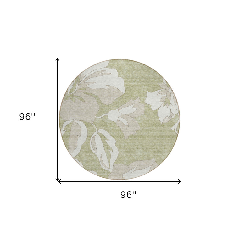 8' Artichoke Green Ivory And Taupe Round Floral Washable Indoor Outdoor Area Rug