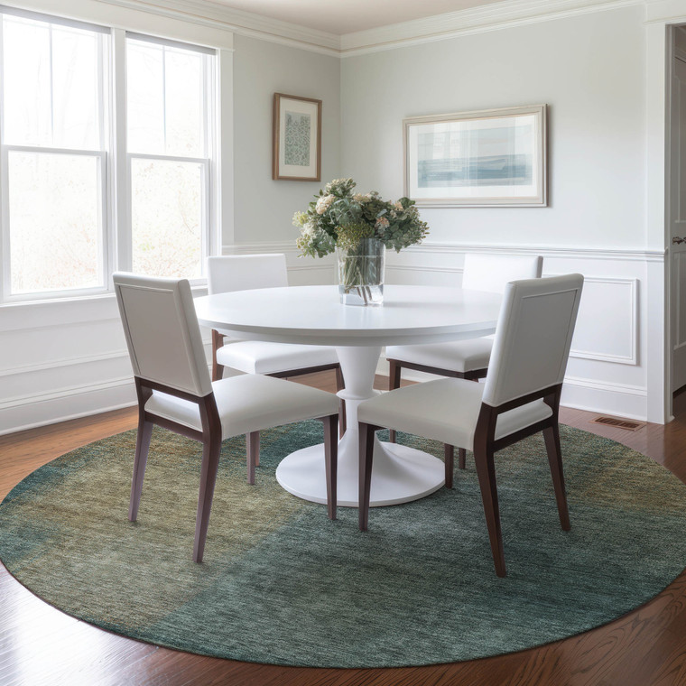 8' Teal Blue Brown And Taupe Round Abstract Washable Indoor Outdoor Area Rug