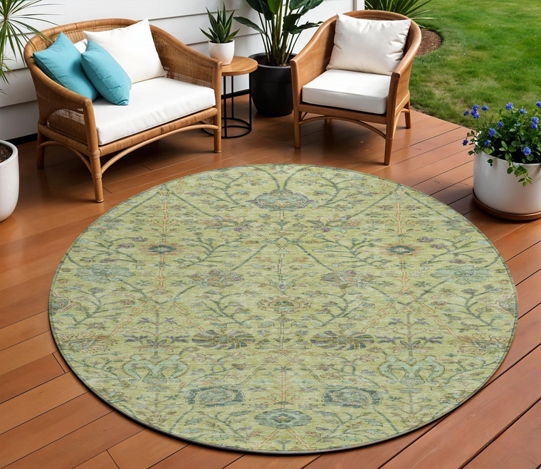 8' Mint Green Brown And Gray Round Floral Washable Indoor Outdoor Area Rug
