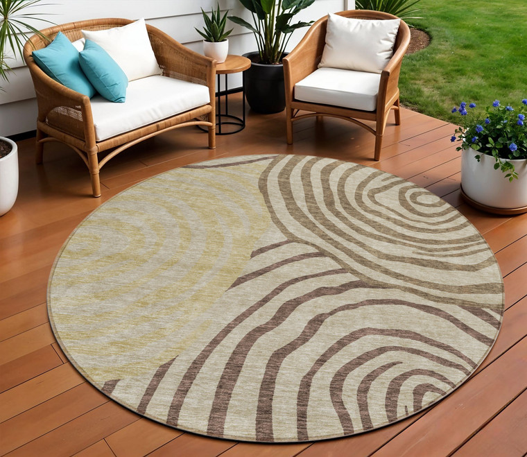 8' Brown Taupe And Beige Round Abstract Washable Indoor Outdoor Area Rug Transitional Style - Brown, Taupe, Beige Color