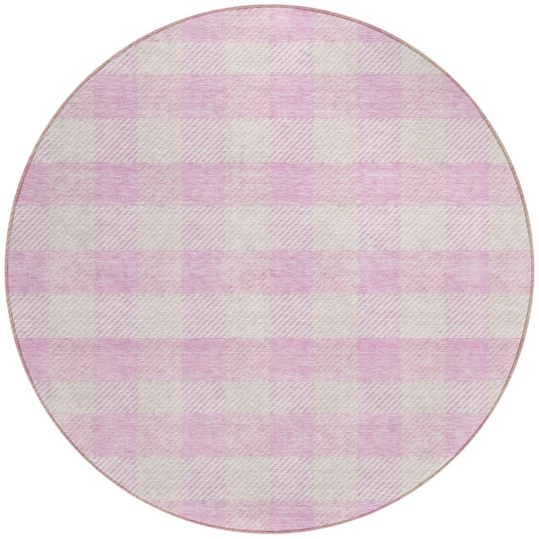 8' Pink And Gray Round Plaid Washable Indoor Outdoor Area Rug
