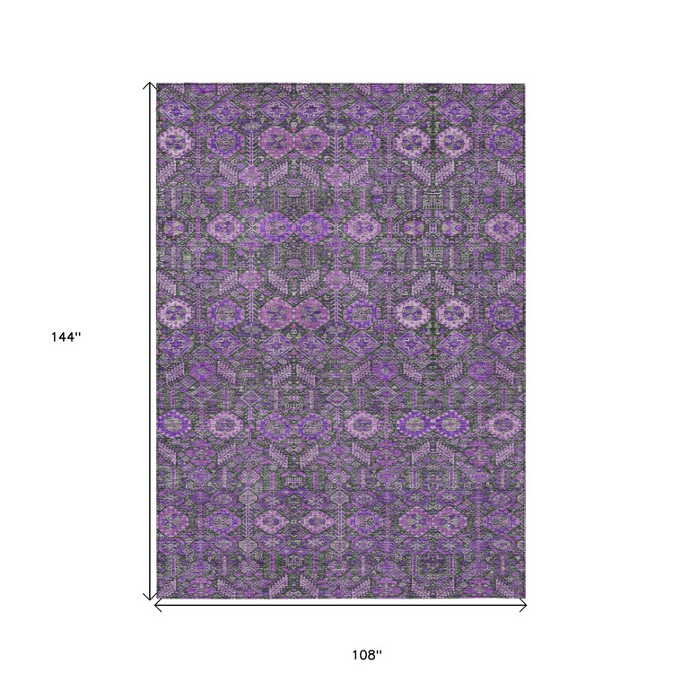 9' X 12' Purple And Green Floral Washable Indoor Outdoor Area Rug - Purple, Green