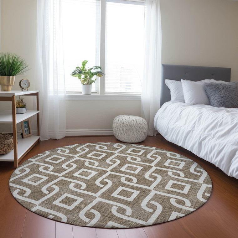8' Brown And Ivory Round Geometric Washable Indoor Outdoor Area Rug
