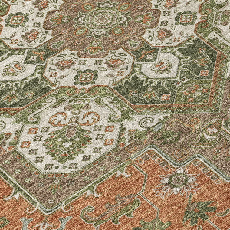 8' Rust Green And Brown Round Oriental Washable Indoor Outdoor Area Rug