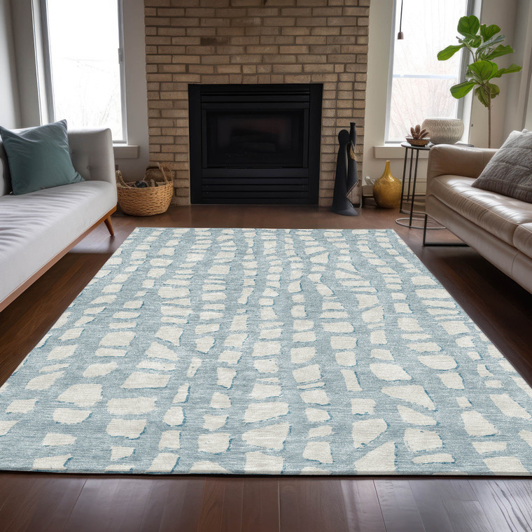 8' X 10' Sky Blue And Ivory Abstract Washable Indoor Outdoor Area Rug