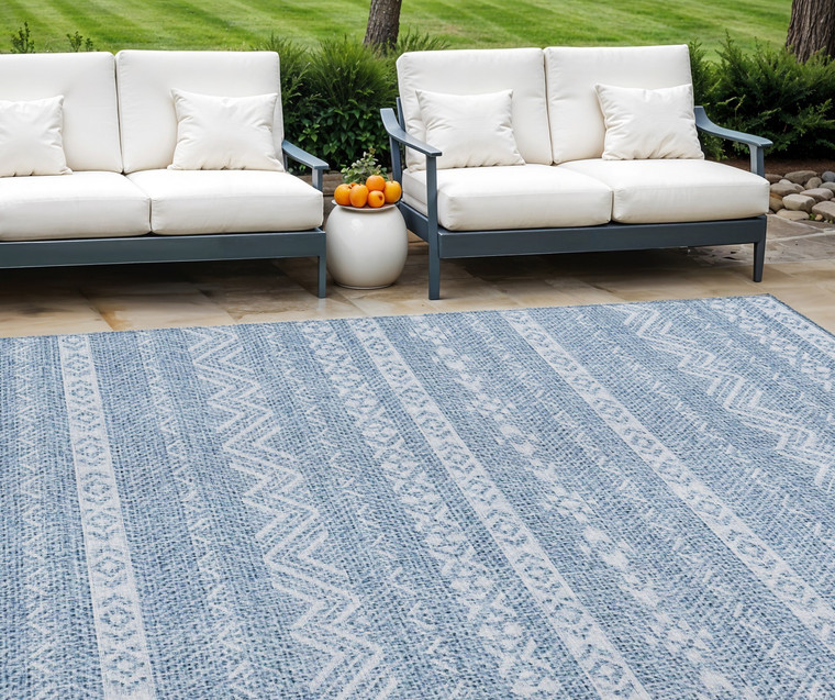 9' X 12' Blue And Denim Blue Southwestern Washable Indoor Outdoor Area Rug