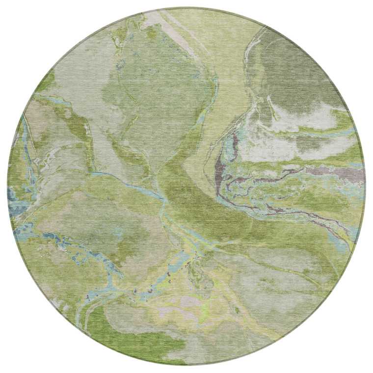 8' Green Blue And Gray Round Abstract Washable Indoor Outdoor Area Rug