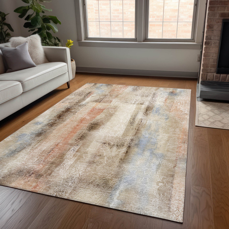 10' X 14' Beige and Brown Washable Non Skid Indoor Outdoor Area Rug