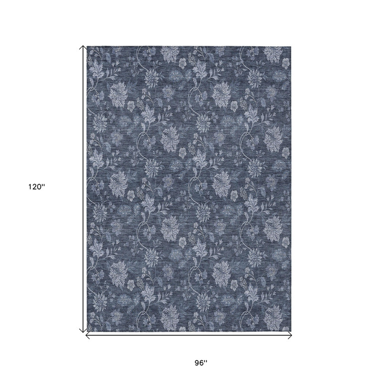 8' X 10' Denim Blue And Navy Blue Floral Washable Indoor Outdoor Area Rug - Denim Blue, Navy Blue