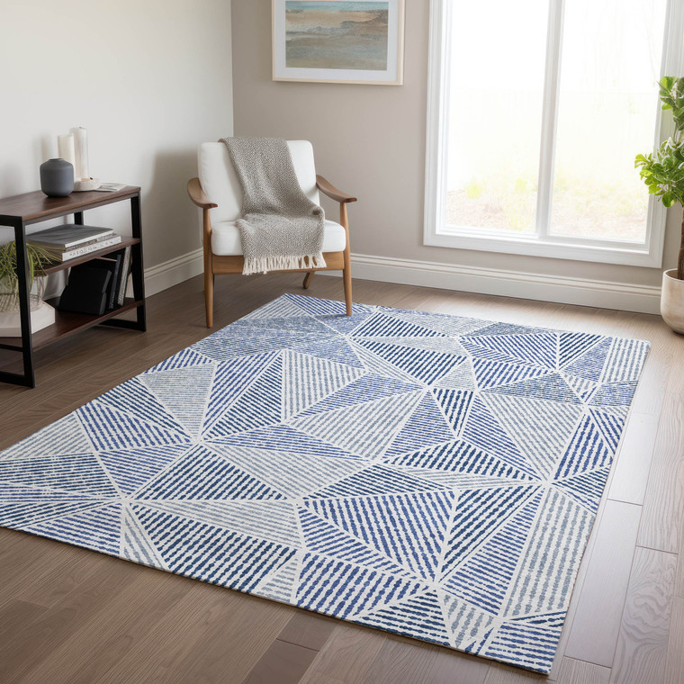 9' X 12' Navy Blue And Denim Blue Geometric Washable Indoor Outdoor Area Rug