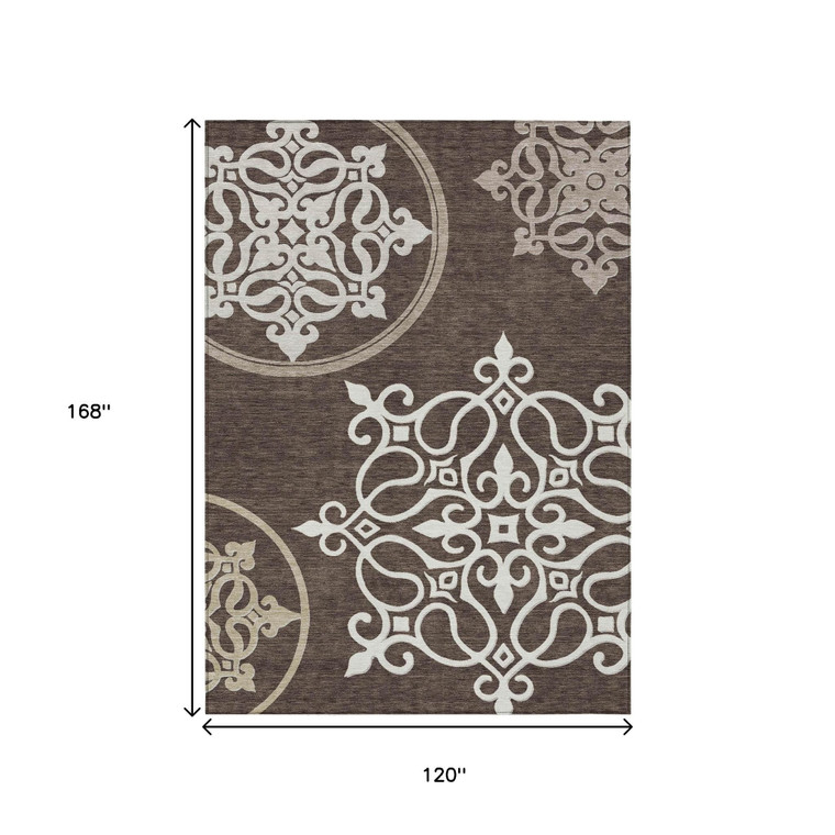 10' X 14' Chocolate Beige And Ivory Floral Medallion Washable Indoor Outdoor Area Rug