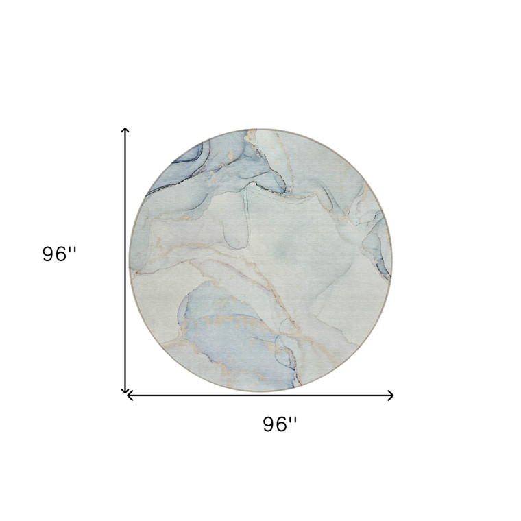 8' Round Beige and Blue Round Abstract Washable Non Skid Indoor Outdoor Area Rug